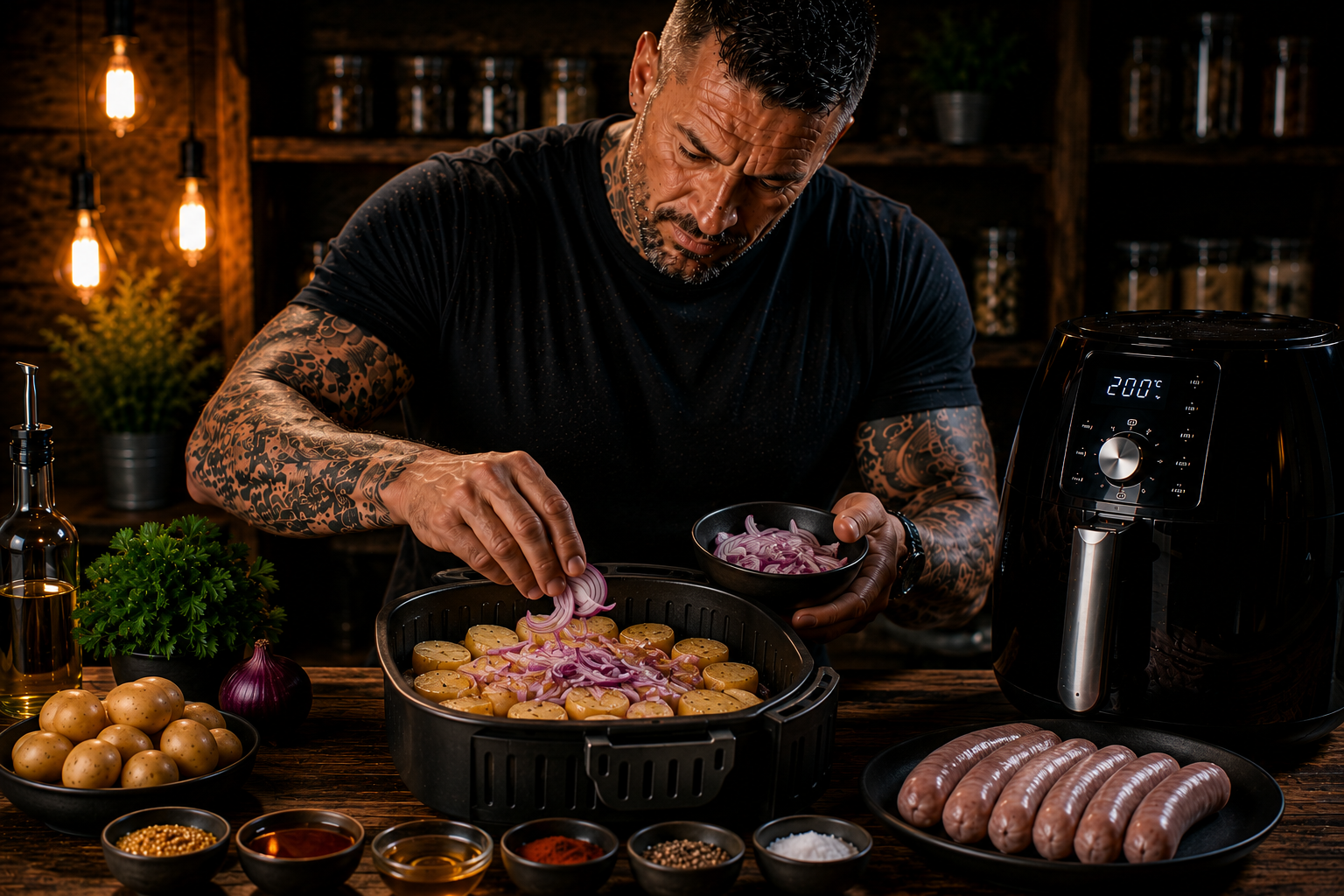 Air-Fryer Maple Mustard Pork Sausage Trays preparation stage